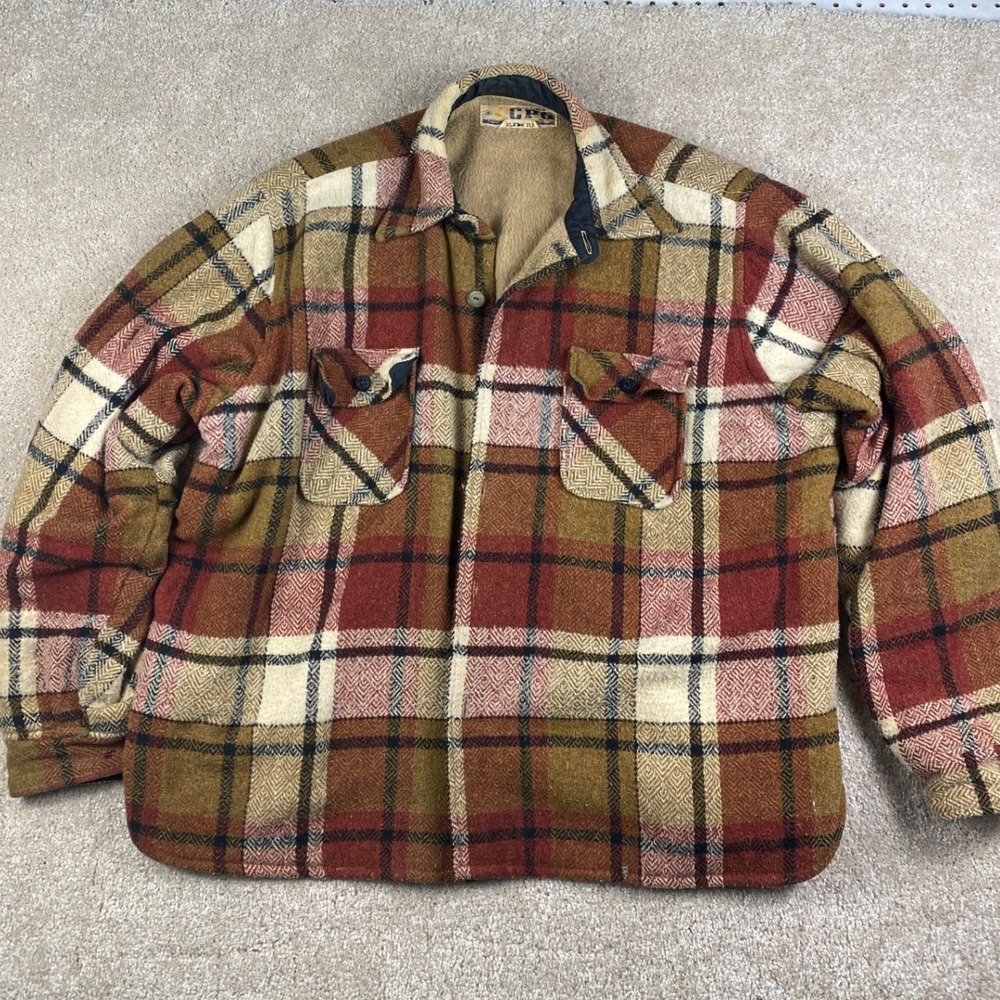 Vintage CPO Pile Lined Plaid Shirt Jacket Mens XL Brown Red Wool Blend Heavy